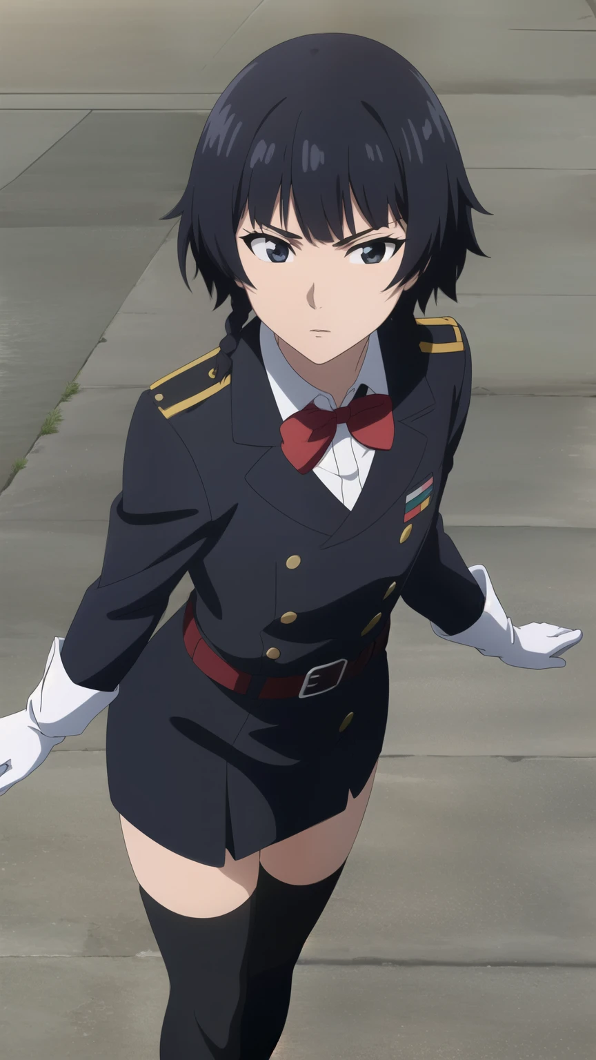 soifon, soifon, short hair, bangs, black hair, short hair with long locks, (black eyes:1.2), small breasts,(slender:1.2),Glare, (Military uniform, red bow tie, long sleeves, armbands, white gloves, belt, black knee-high socks, outdoor:1.2), 
dynamic pose, dynamic angles, looking at viewer,
 (masterpiece best quality, 8k:1.2),(anime), high resolution, unity 8k wallpaper, (beautiful detailed eyes:1.2), extremely detailed face, perfect lighting, extremely detailed CG, (perfect hands, perfect anatomy),