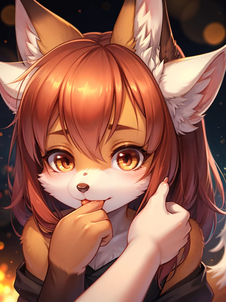 Hallucination, daydream , (horror) , Fear , bokeh , fox girl , closeup glossy lips , (Licking thumb)