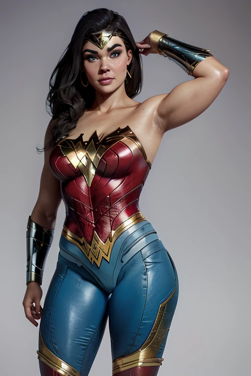 Natural Beauty, Masterpiece, Hailee Steinfeld, Perfectly Accurate Face Proportion, Realistic Light Blue Eyes, Thick Eyebrows, Wonder Woman, Wonder Woman Tiara, Curve Wide Hips, Round Ass, Toned Thighs, Toned Arms, Grin On Her Face, Standing elegantly with one foot slightly in front of the other, the tight suit clings to Wonder Woman’s body, highlighting the curves of her hips and the shape of her buttocks. The suit's fit emphasizes her graceful yet powerful form, with the smooth lines accentuating her posture.