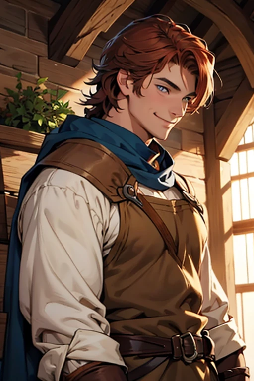 A handsome smiling muscular male peasant in medieval times with auburn hair and hazel color eyes