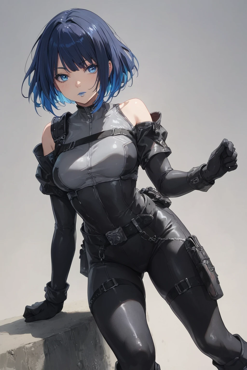 score_9, score_8_up, score_7_up, BREAK,
1girl, solo, simple background, ctl7t0rig, black gloves, black bodysuit, grey bodysuit, belt, black hair, blue hair, multicolored hair, short hair, two-tone hair, black knee boots, breasts, black pants, blue lips, blue eyes, shoulder cutout, (looking at viewer|looking to the side) medium breasts, blush, (standing|standing|sitting)