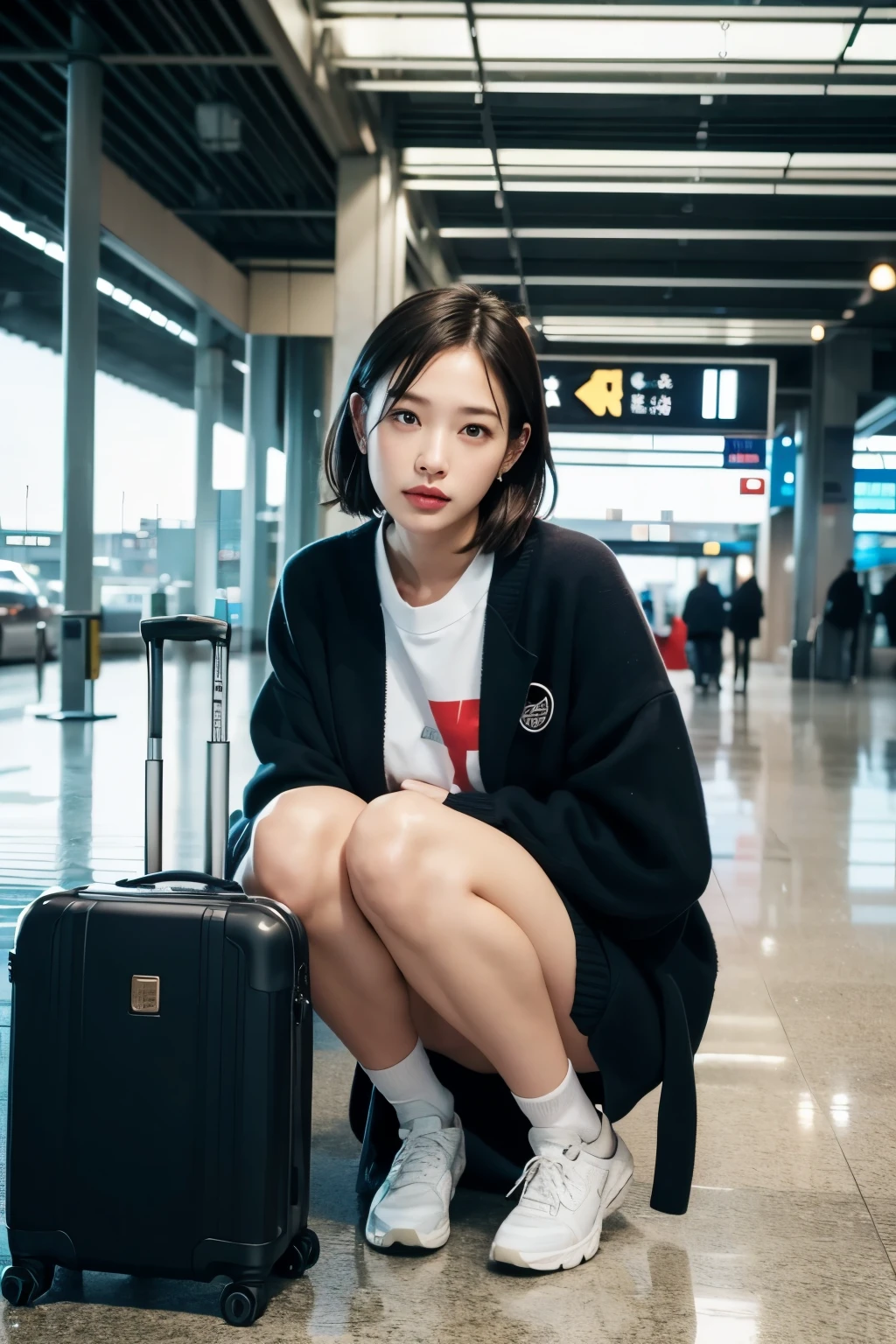 Woman sitting on the floor with suitcase on her knees, Airport Background, In a suitcase, promo shot, Photo shoot, kiko mizuhara, produce: Hiroyuki Tajima, produce: Nishida Shun'ei, Gemma Chen, ticker, Zia, Lulu Chen, Nakamura Naodo(Naondo Nakamura), by Ayami Kojima, Mixed art, by Tadashi Nakayama, Rainy