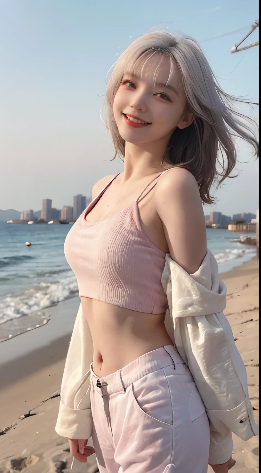 Best image quality、RAW Photos、超A high resolution、21 years old Korean、Small breasts、Dynamic Angle、Cowboy Shot、Chaos in its most beautiful form、elegant、Brutalist Design、Vibrant colors、Beautiful white hair、Short Bob、smile、fun、smile、Glowing White Skin、Beautiful eyes with random colors、Very thin lips、Beautiful eyes in every detail、 Narrow eyes、Cheeks are pale pink、Eyelash length、Beautiful double eyelids、eye shadow、Bright white hair、Crop top、Lightweight see-through jacket、Harem pants、Sandy Beach、Shooting from diagonally below、Low Angle、turn around、The wind is blowing、Hair fluttering、boost mood、Full body photo