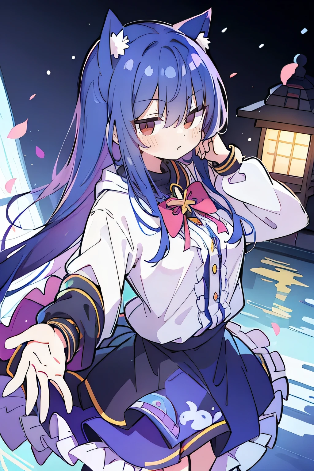 (masterpiece:1.uper detailed,lifelike,Expressive eyes,fair skin,perfect face shape,1 girl,
Japanese comics,Gorgeous blue hair,flowing blue hair,flowing clothes,Cat ears,Petals fall,beautiful lola,Baby Angel,
Shaking head with one hand,Cross your legs,Gentle and peaceful background,The pavilion is cool and comfortable,smile, wearing hoodie, background of tokyo,back views,snowing, winter,lie on the water.(Best Quality: 1.3), (Masterpiece: 1.3), (Illustration: 1.3), (Ultra Detailed: 1.3), (Imide Lens: 0.9), 1girl, Medium Brearple Eyes, ((Dark Blue Hair) ), hair accessories, young, clothing-gladiia, long hair, dark blue hair, indoors, black shorts, high socks, low ponytail, expressionless, upper body, close-up, coat, skirt,