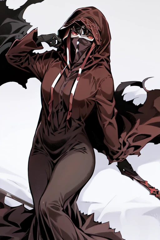 No name assassin, sad, mask, red eyes, cloak, robe, white gloves, long skirt, hood, cape, lay down on the bed