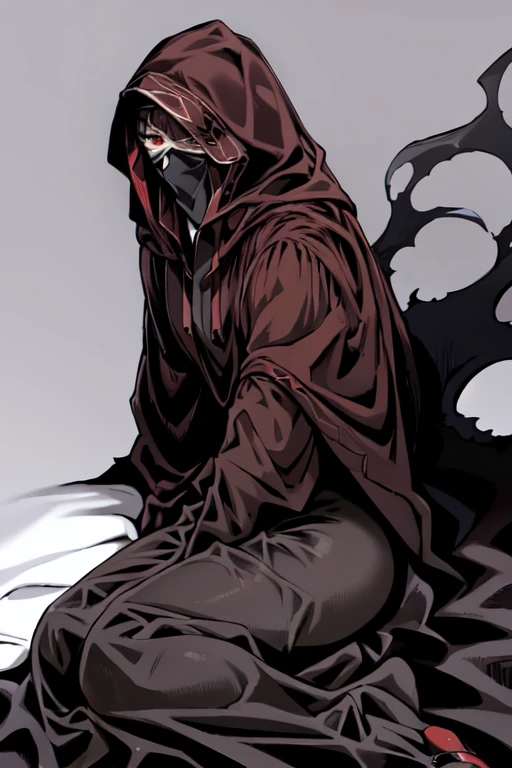 No name assassin, sad, mask, red eyes, cloak, robe, white gloves, long skirt, hood, cape, lay down on the bed