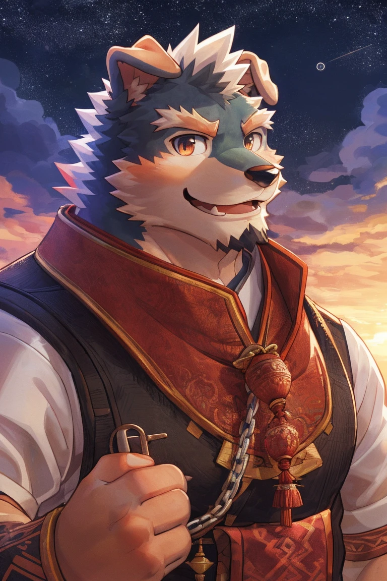 human nature, cannon, male, Solitary, ((Round Face, Handsome,Orange eyes,A small amount of black beard)), ((Endomorph, Handsome，Handsome的)), (armor，China costume), ((domestic 犬，Dog Orc), (At the training ground), Bokeh, (high quality, high resolution, Masterpiece 1.2), (Office lighting, Natural fill light，Rich colors), (Generous smile，full，Leisure), (Face focus), Full body picture (close up), cartoon, author：Takemoto Arashi, by zixiong, By Chunni, author：Empty Ghost，（background：Mountain jungle stream 1.5），，Glow，evening，Starry Sky，Auspicious Clouds，background丰富详细