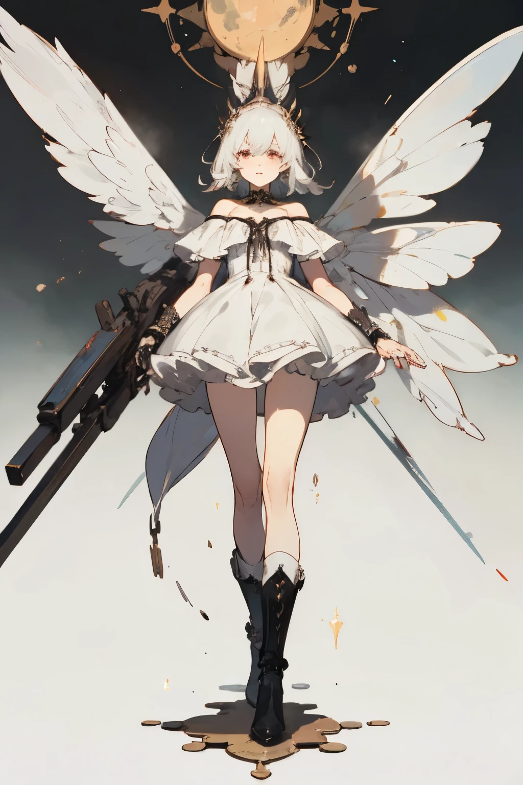  ((best quality)), ((masterpiece)), (detailed), 1girl, off-shoulder, blank white background, plain background, white background, red and white clothing, Bloodborne inspired, occult aesthetic, occult, detailed and intricate steampunk and detailed gothic, NSFW, Very dramatic and cinematic lighting, cosmic horror, grim-dark, side-lighting, perfect face, NSFW, Fluttering lace flared long knee length dress with frilly petticoats, knee length dress, pleated petticoats, lolita dress, petticoats gothic lolita, complex lace boots, side-lighting, gothic lolita aesthetic, wielding a mighty sword with mechanical components, various different types of insect wings, NSFW, full body, whole body, body, plain background, white background, blank background, no background, white background NSFW, chains, full body, whole body, head-to-toe NSFW 