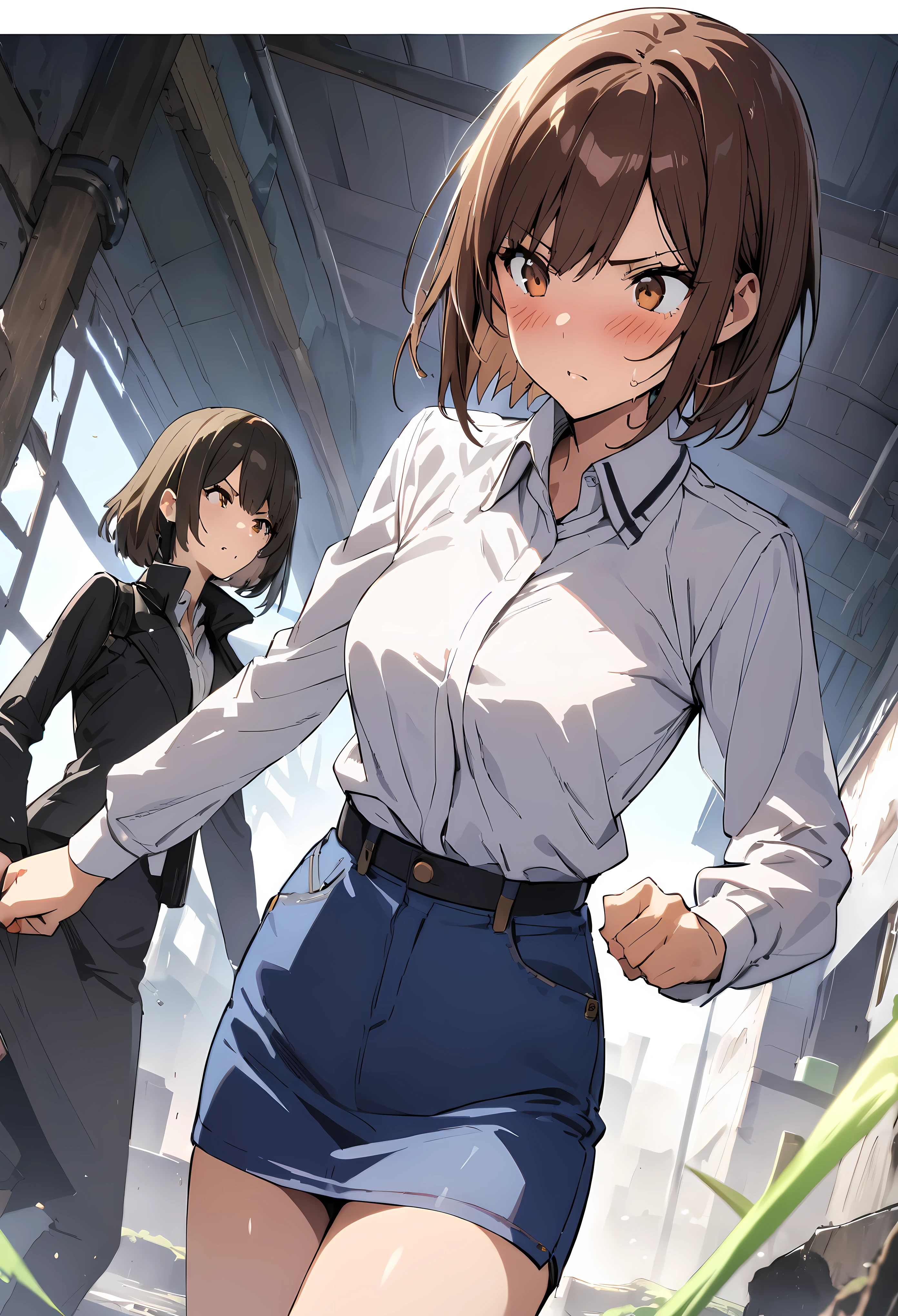 takeda hiromitsu style,Action Scenes,Focus on one woman,((A woman and two female agents face off in a bare-handed battle)),(((masterpiece, highest quality:1.5,absurdres))), BREAK ,One of the women is a beautiful 20-year-old,((very small head)),short bob hair,bangs,dark brown hair,brown eyes,blush,Painful、medium breasts,((very long body)),toned body,slender body,skinny,gleaming skin,shiny skin,((White collared shirt、Long sleeve、Blue denim miniskirt)),Injury,(Random hairstyles for the two female agents),Abandoned Factory、Tokyo、