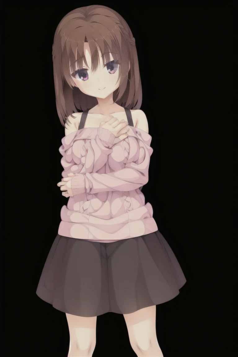 1girl,solo,smiling, grasses, woman, brown hair, medium hair, A frilly pink sweater with exposed shoulders, black skirt with a ribbon,medium breast, full body, full body, Character portrait, whole body, expensive_solve, clear_image, expensive_Contrast, 8k, Sparkling, beautiful_detailed_face_and_eye, (Brown Hair:1.25), 白 eye,Black background