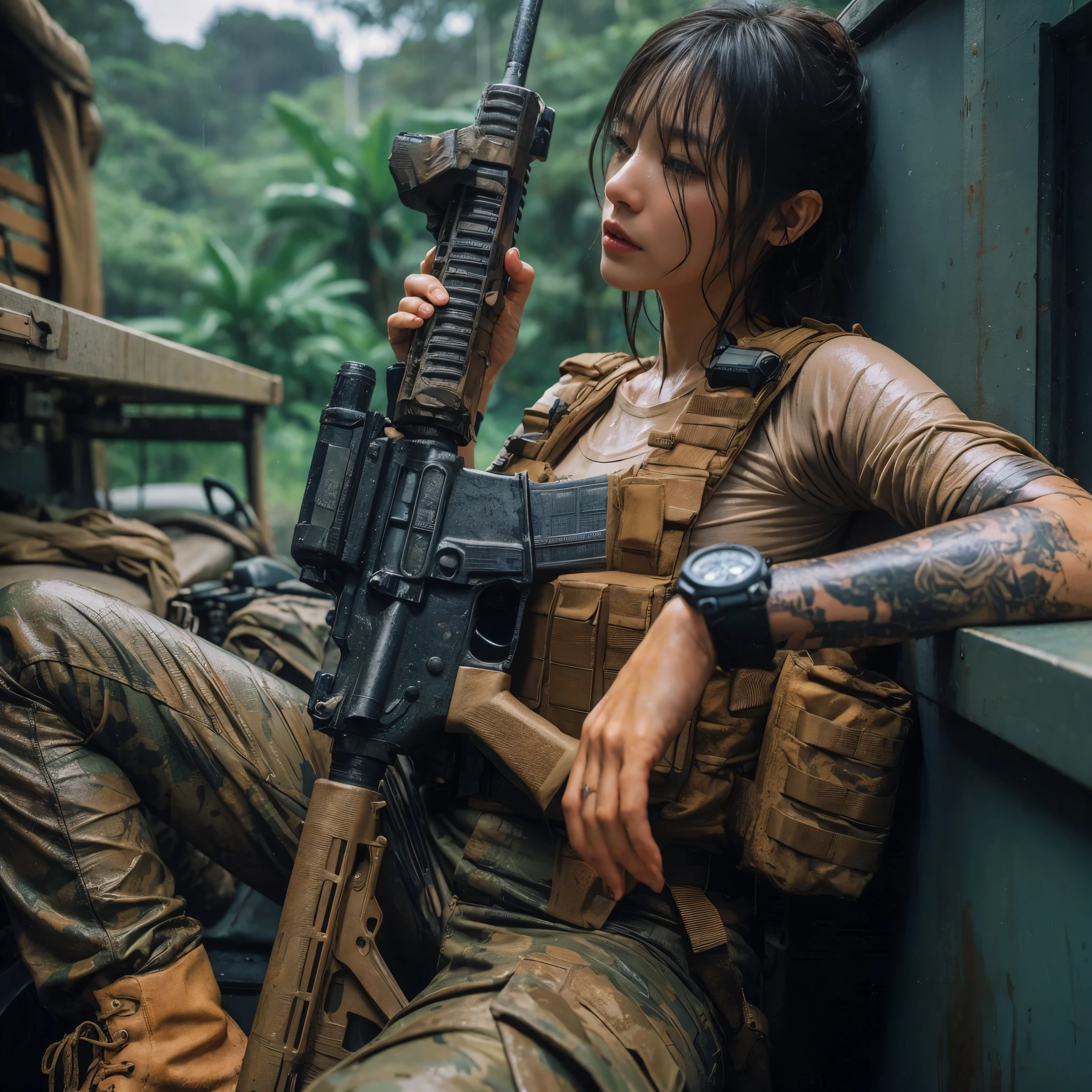 8k,Realistic Photo、Realistic Skin Texture、Superrealism、Japanese women in the US Special Forces、jungle、、rifle、、、after the rain、Bulletproof vest、Watch on left arm、Sticks to the skin when moistTshirt、Military Pants、jungleブーツ、Tattoo、humidity、Dynamic pose、Operation End、Climbing into a troop transport vehicle covered in mud、rifleは置いてリラックスしている