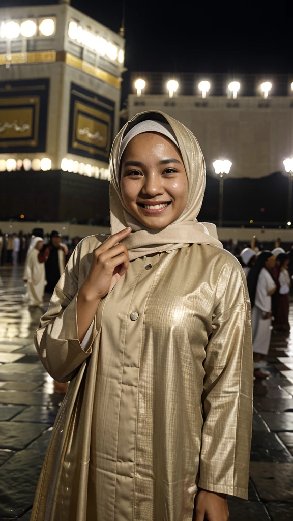 A young Indonesian woman, smiling happily, wearing ihram clothes and a hijab. in front of the Kaaba (performing the Hajj) in the pouring rain and at night. Behind him there were several people performing the Hajj pilgrimage