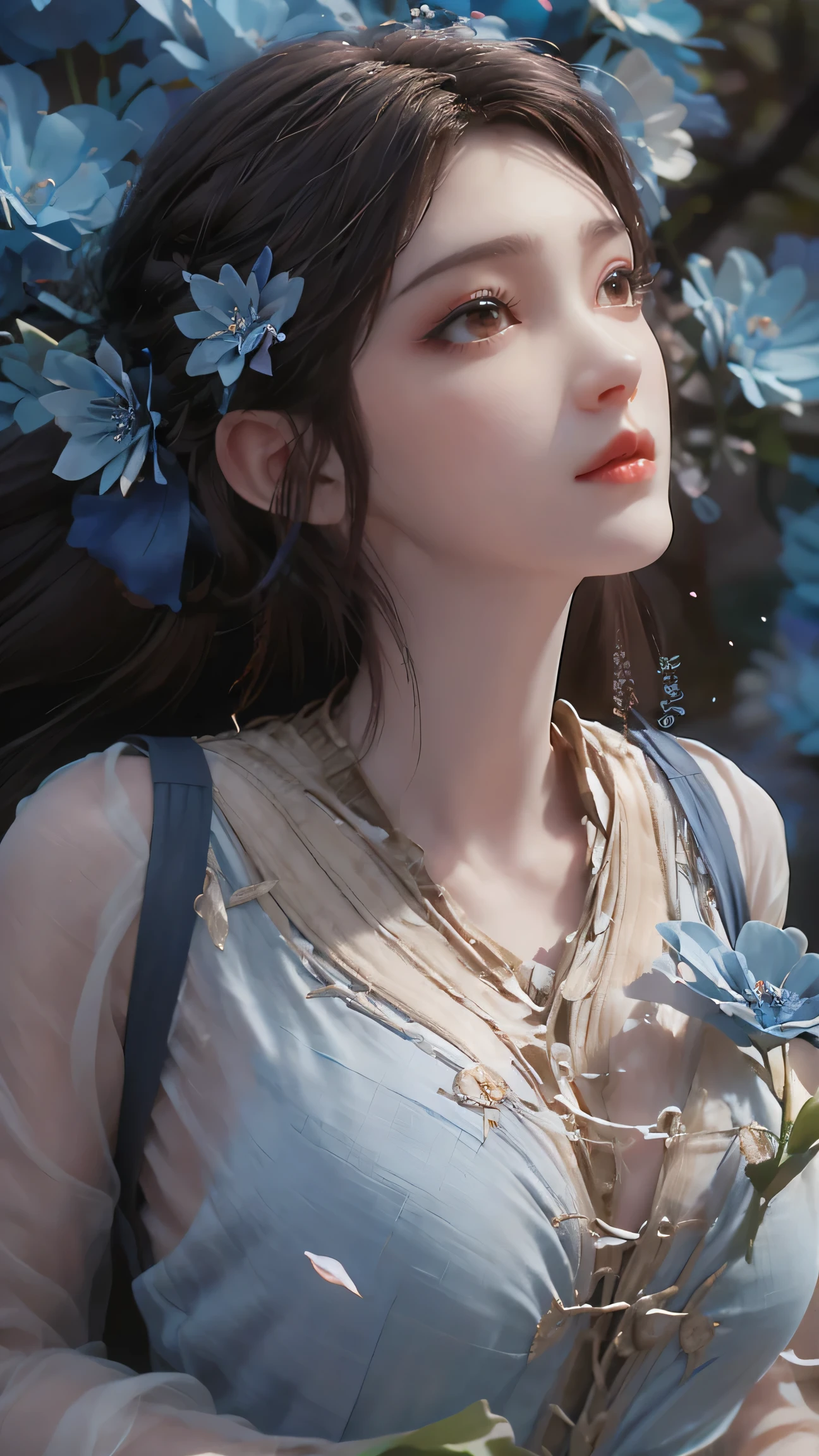 1 girl,fashion clothing,huge flowers,delicate stamen,the delicate facial features,flying petals,surrounded by flowers,dark blue atmosphere,(flowers of dark blue:1.3),(klein blue:1.3),shining fluorescence,the glowing colors of the night,crystal clear petals,many delicate aqua blue flowers,blue floodlight like the ocean,