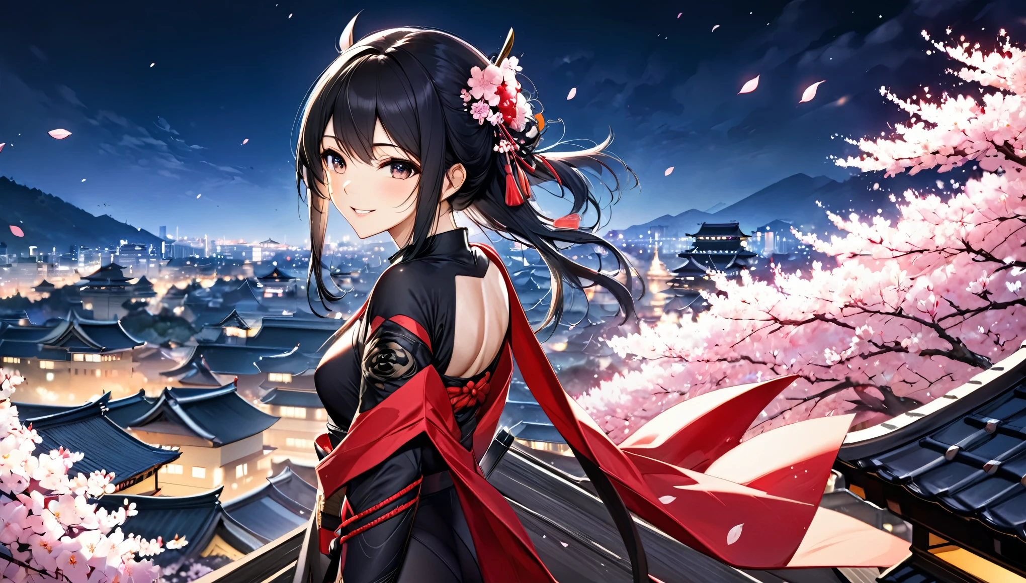(highest quality, 8k, 32k, masterpiece, Ultra-high resolution),Movies Stills Photogenic ,Adult women, beautiful,petal, good looking, Only 1 person,Female ninja with shoulder blades, Asian, Long black hair, tights, Ninja costume, Cherry blossom background, Japan,On the roof of Nagoya Castle,Cherry Blossoms at Night,Fearless smile