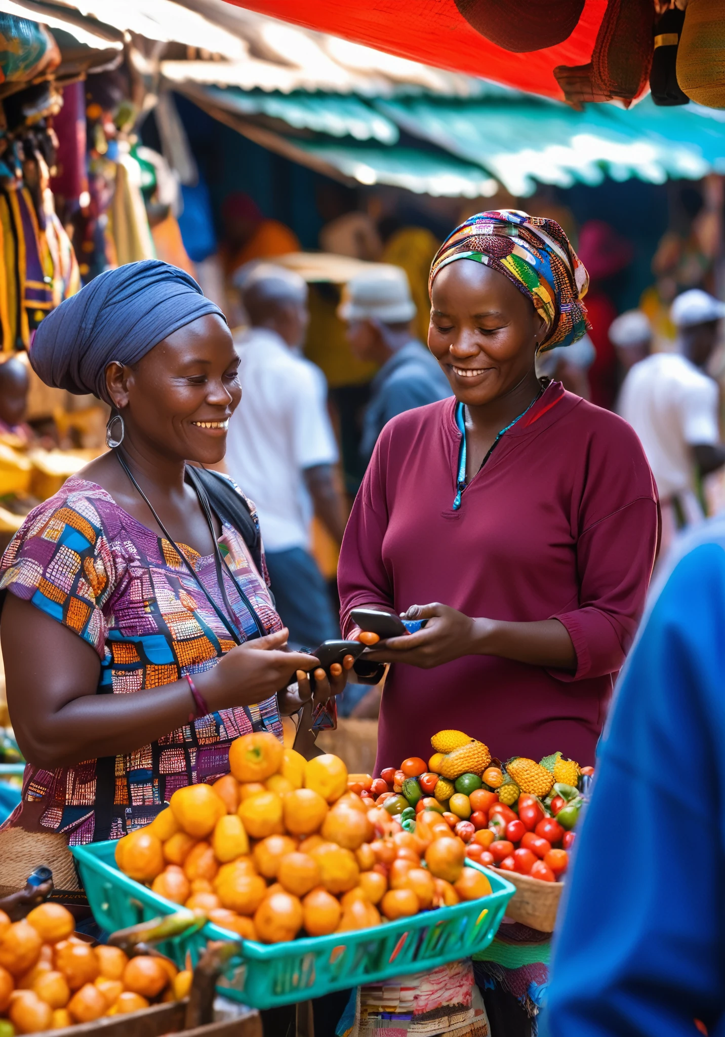 A shop vendor and customer in the market, both holding phones to receive and send money, african setting, detailed expressions of satisfaction and trust on their faces, colorful market stalls with fresh produce and handmade goods, vibrant and bustling atmosphere, Photography, captured with a Canon EOS R5 and a 50mm lens, --ar 16:9 --v 5