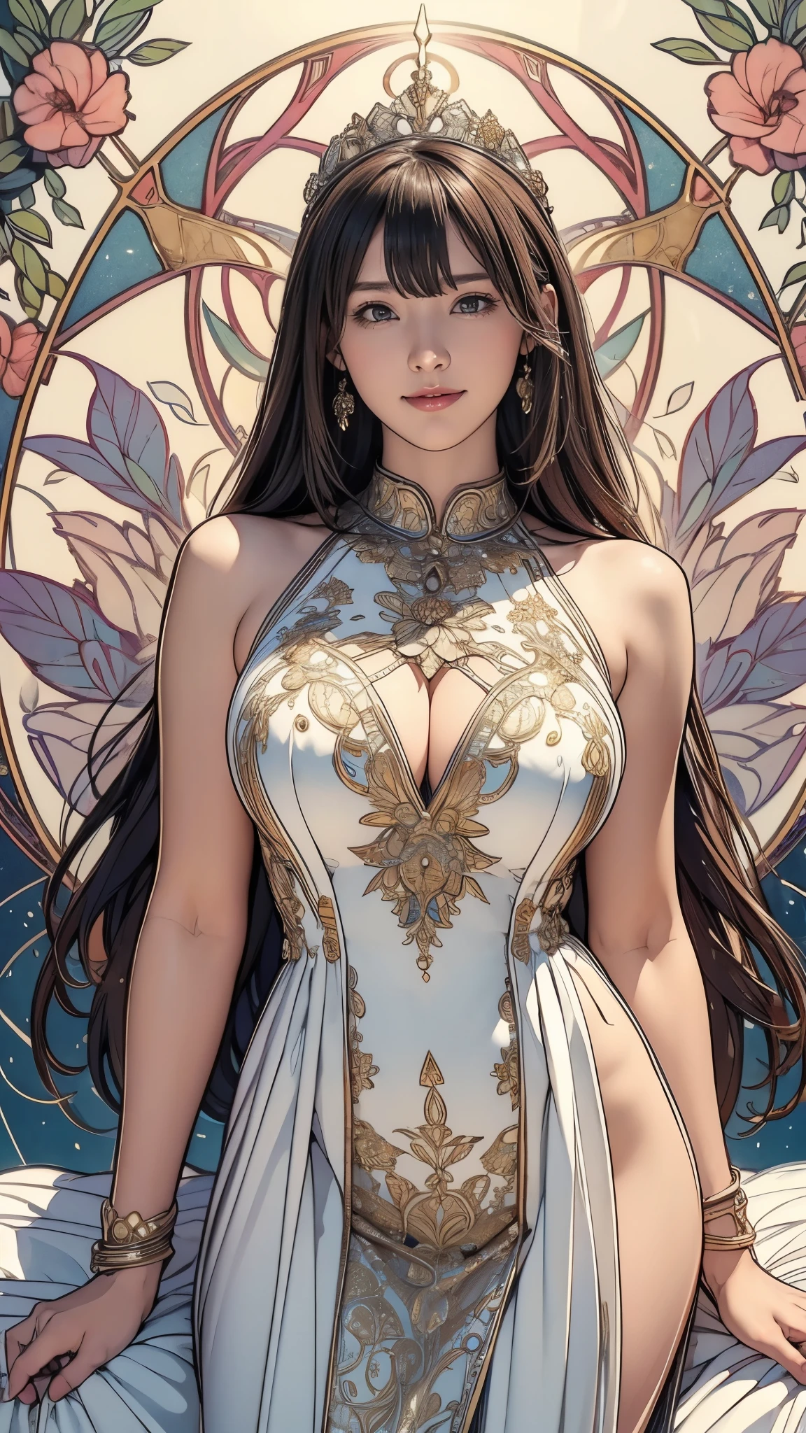 (masterpiece),(highest quality),(Very detailed),(High resolution),8k,wallpaper,soft-edged,1 girl,The goddess of sexuality is praying,Big Breasts,front,Looking at me,Sexy smile,Goddess Dress,Intricate Mucha-inspired designs and patterns