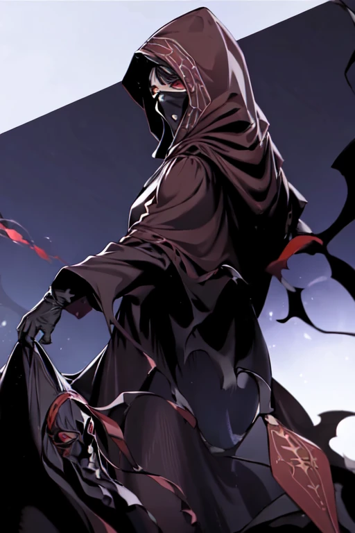 No name assassin, sad, mask, red eyes, cloak, robe, white gloves, long skirt, hood, cape, 