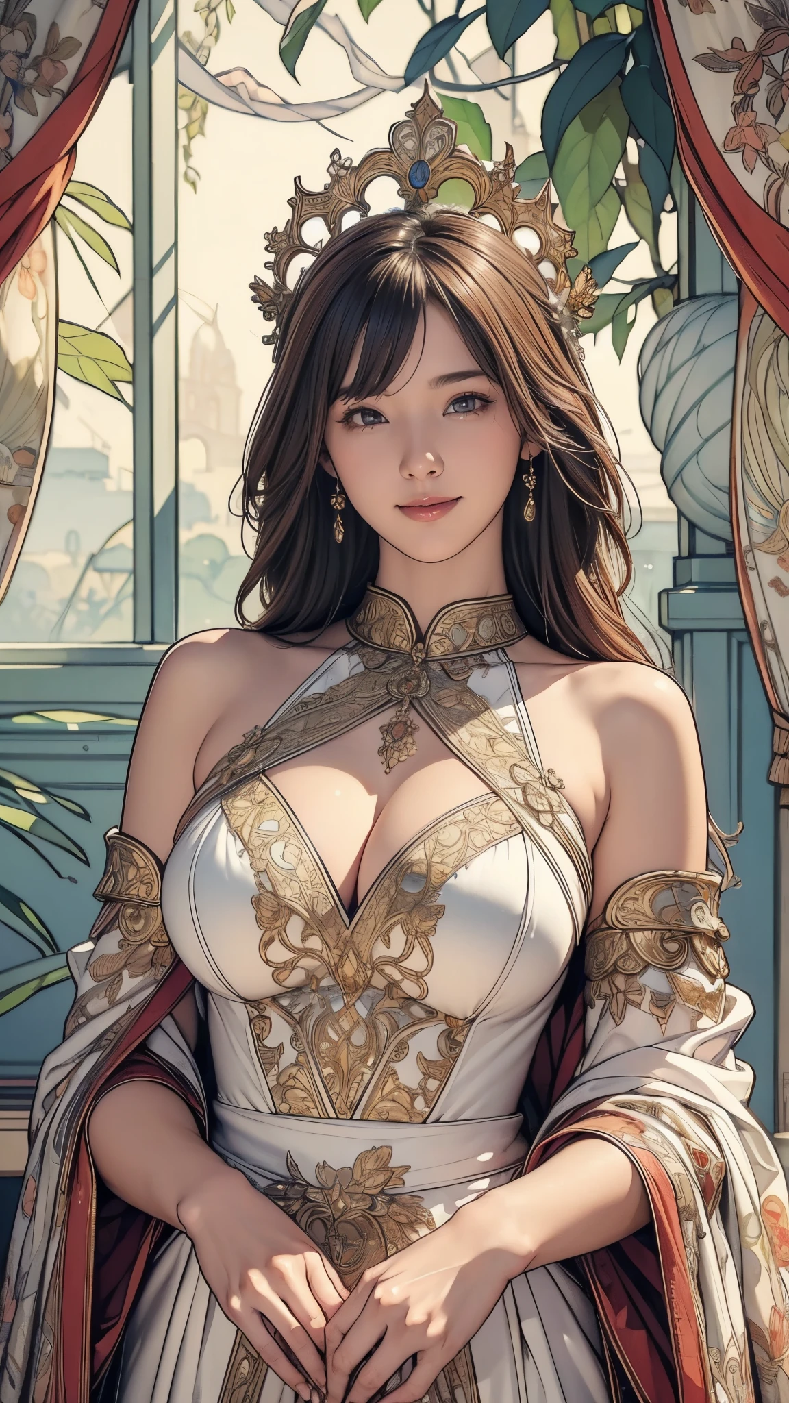 (masterpiece),(highest quality),(Very detailed),(High resolution),8k,wallpaper,hard-edged,1 girl,The goddess of sexuality is praying,Big Breasts,front,Looking at me,Sexy smile,Goddess Dress,Intricate Mucha-inspired designs and patterns