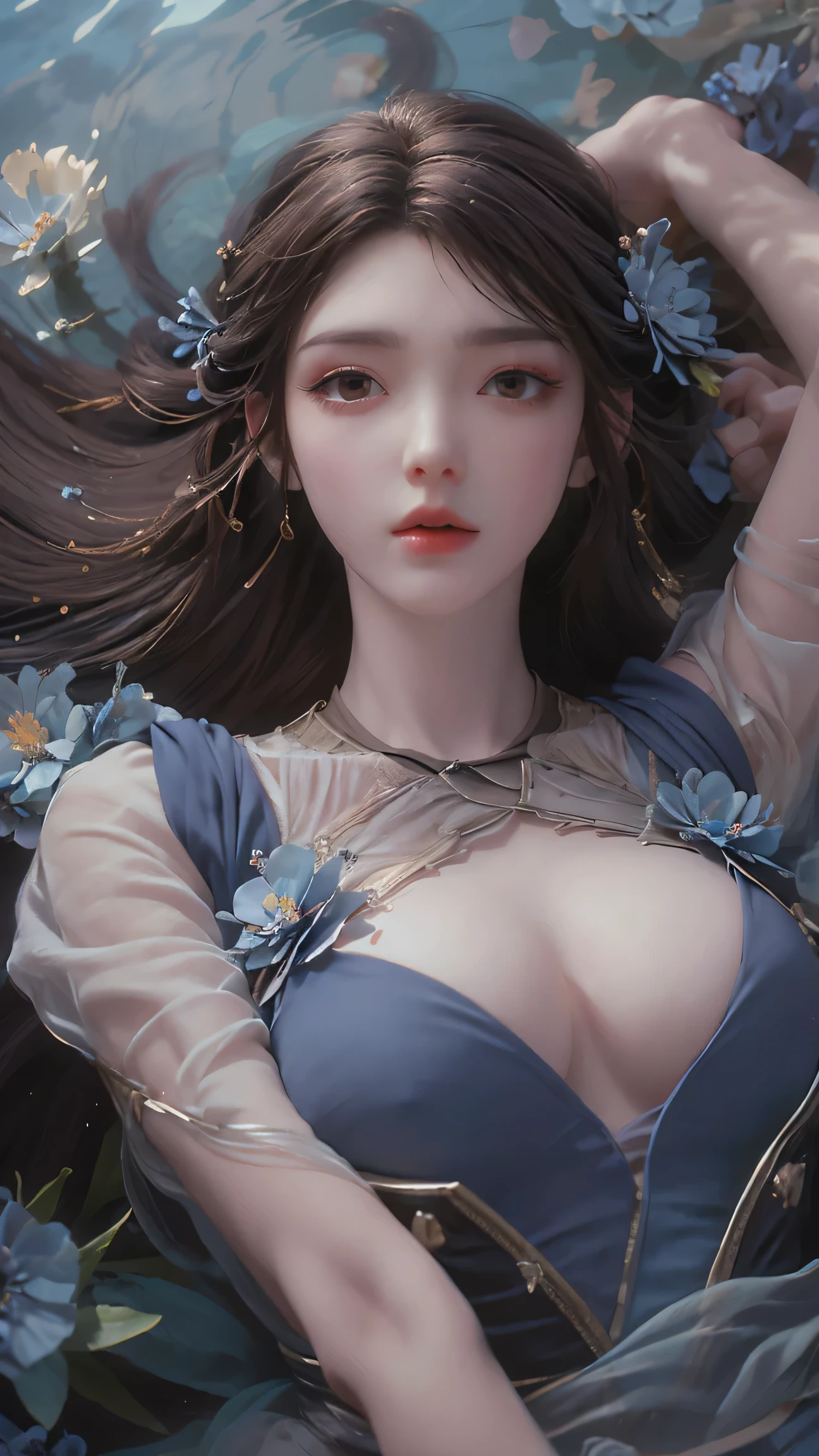 1 girl,fashion clothing,huge flowers,delicate stamen,the delicate facial features,flying petals,surrounded by flowers,dark blue atmosphere,(flowers of dark blue:1.3),(klein blue:1.3),shining fluorescence,the glowing colors of the night,crystal clear petals,many delicate aqua blue flowers,blue floodlight like the ocean,