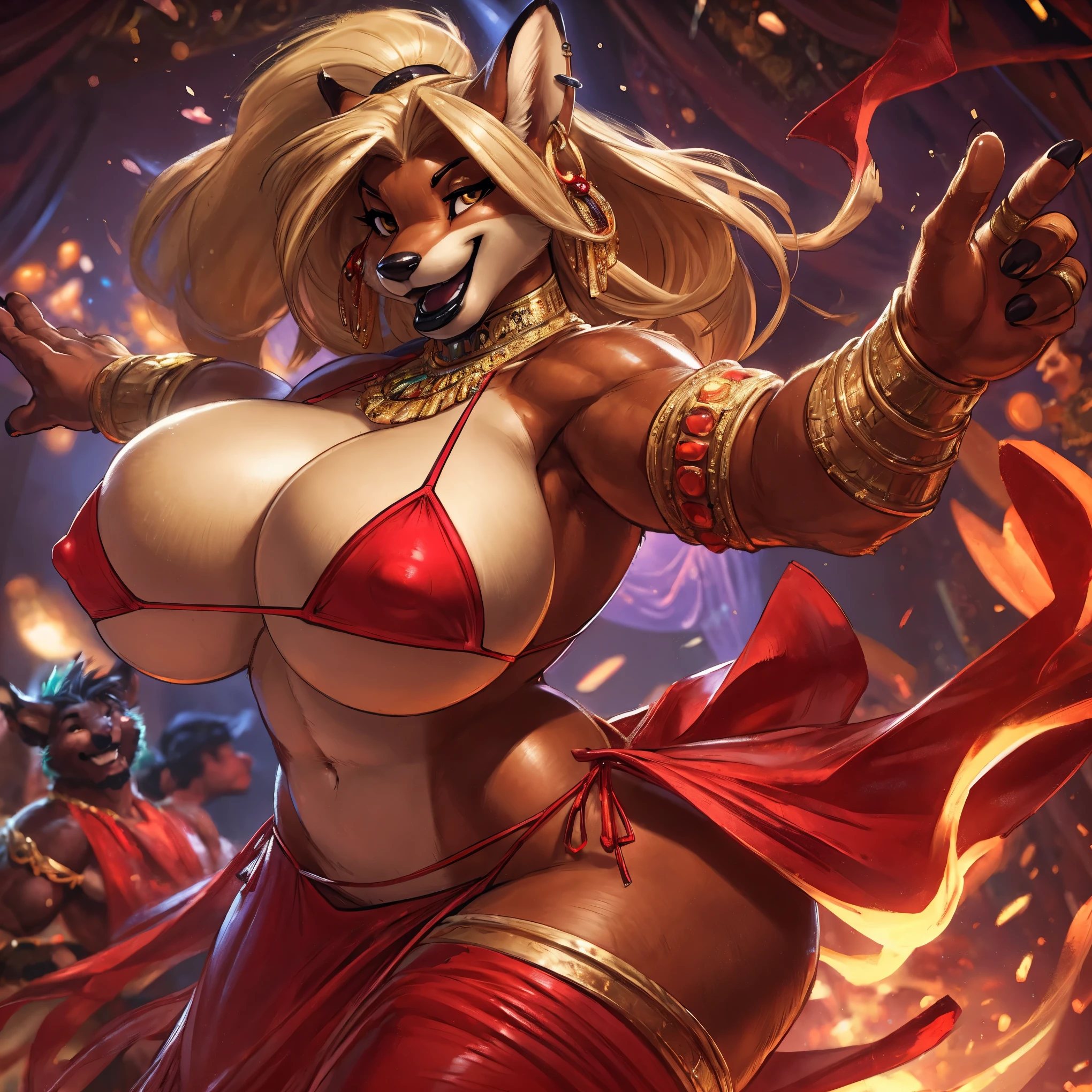 uploaded to e621.net, masterpiece, 8k, vixen, blonde, long hair, topknot, genie, (huge bottom lip:1.1), black lip gloss, accurate hands, (red micro bikini top:1.2), red sarong wrap, huge breasts, nipple outline, large areolae, hyper hips, gold jewelry, ear piercings, dancing, casting magic, magic display, smiling, laughing, golden eyes, by darkgem, by gideon,