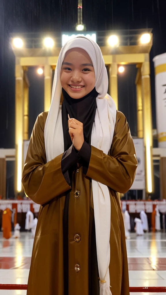 A young Indonesian woman, smiling happily, wearing ihram clothes and a hijab. in front of the Kaaba (performing the Hajj) in the pouring rain and at night. Behind him there were several people performing the Hajj pilgrimage