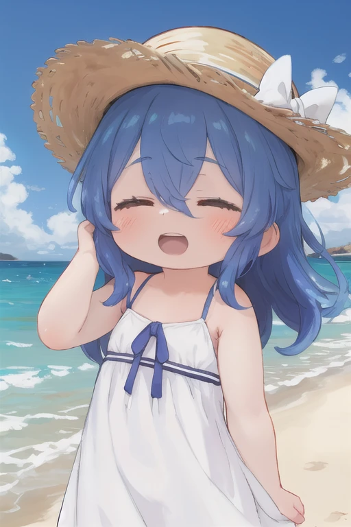 1 Girl, bang, beach, blue_hair, blush, closed_eyes, clavicle, cowboy_shot, day, dress, brows_visible_by_hair, hair_between_eyes, long_hair, open_mouth, On open air, sky, without sleeves, without sleeves_dress, smile, One, sundress, white_dress