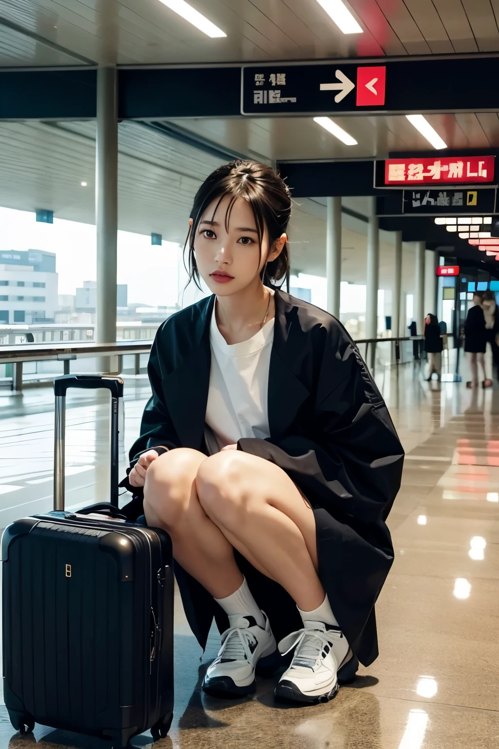 Woman sitting on the floor with suitcase on her knees, Airport Background, In a suitcase, promo shot, Photo shoot, kiko mizuhara, produce: Hiroyuki Tajima, produce: Nishida Shun'ei, Gemma Chen, ticker, Zia, Lulu Chen, Nakamura Naodo(Naondo Nakamura), by Ayami Kojima, Mixed art, by Tadashi Nakayama, Rainy