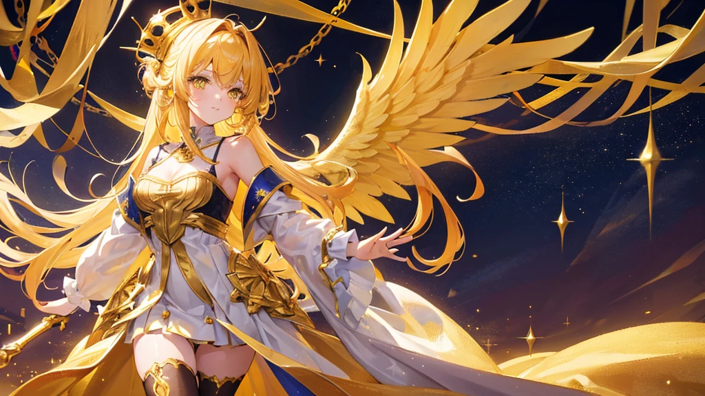 girl with yellow eyes and hair, bangs, gold crown, yellow royal clothes, golden wings, stockings, 8k resolution, sky, detail