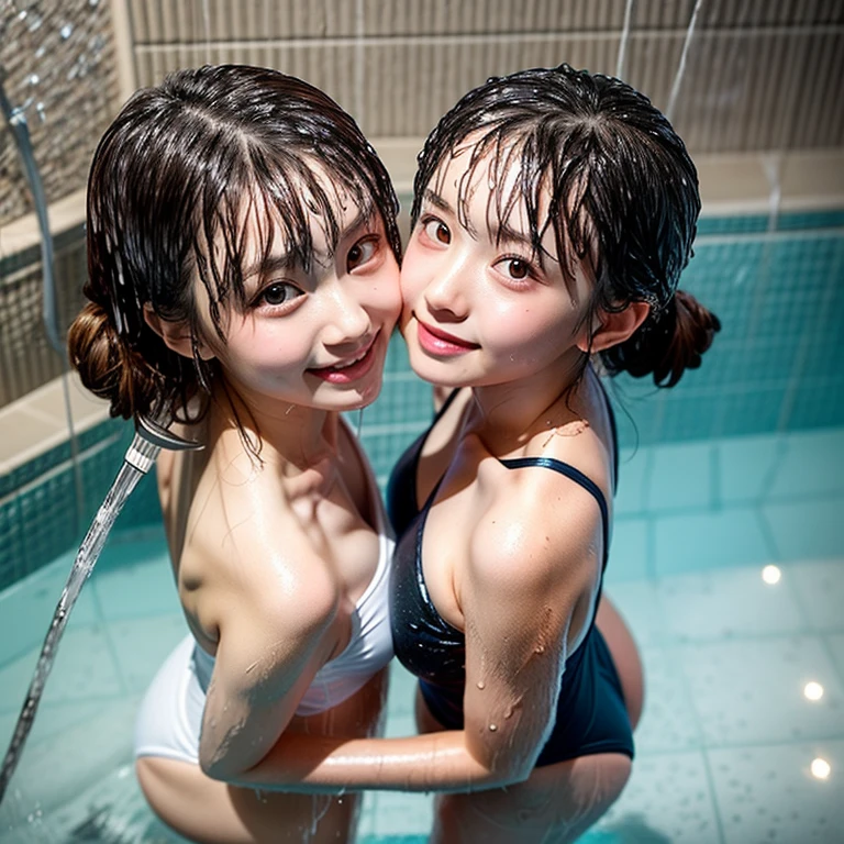 NSFW, (Snapshot of girls kissing face to face in an open shower room by the pool), Braid hair, With bangs, (School Swimwear), the body is covered with juice, White LiquidSoap, Sweating, be sweaty, Wet pearl skin, ((Wet swimsuit)), Perfect Lighting, Clear Focus, (bokeH:1.4), Roundly butts, { (Shower Water:1.6) | (Gigantic  Overflowing sideboob) | Butt cruck | (from above:1.4) }, hidden hands BREAK (NOGIZAKA girls)  ((Extremely Detailed very KAWAII face variations)), perfect anatomy, Childish, captivating gaze, elaborate detailed Eyes with (sparkling highlights:1.2), long eyelashes、Glossy RED Lips with beautiful details, Coquettish tongue, Rosy cheeks . { (Dynamic joyful expressions) | (:d) }, (no large eyes) . (close-up:1.28)