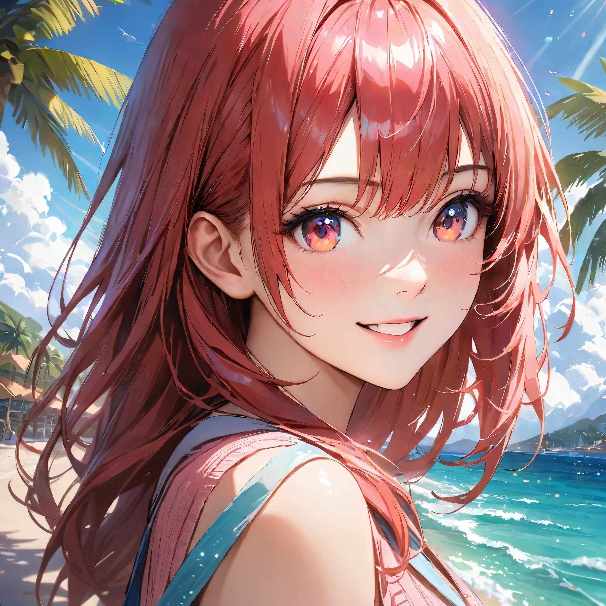 Sparkling sea and tropical ocean, Sunny sky with fluffy white clouds, Palm trees along the coast, Blur the background,Pleasant sea breeze,High school girls,Redhead Hair,smile,Glitter effect,highest quality, 4K, 8k, High resolution, masterpiece:1.2, Very detailed, Realistic:1.37, High resolution, 超High resolution, Ultra-fine painting, Sharp focus, Physically Based Rendering, Very detailedな説明, Professional, Vibrant colors