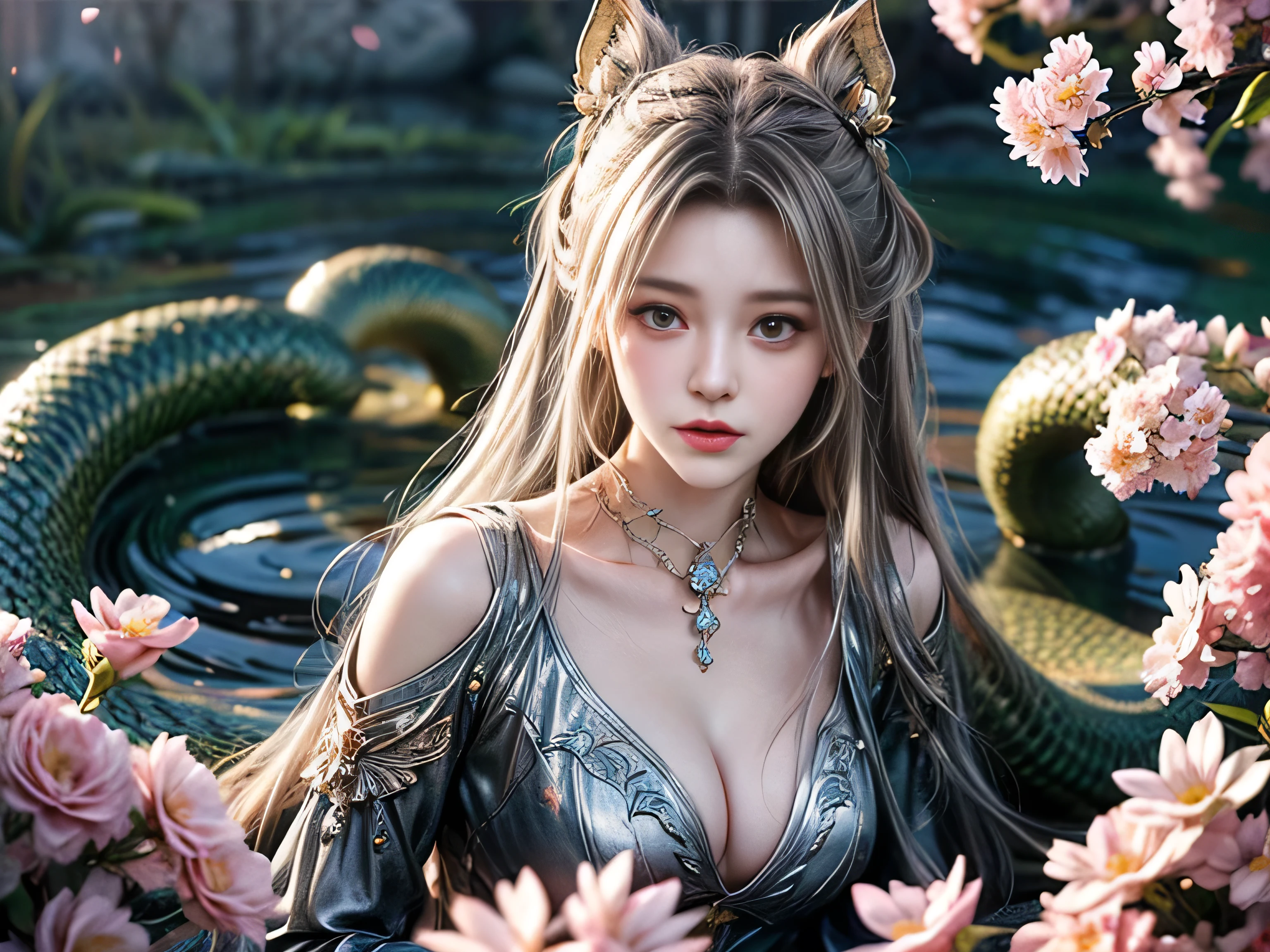 (Best Quality, 8K, Masterpiece, HDR, Soft Lighting, Picture Perfect, Realistic, Bright), White Snake Girl (1.0), Naga Girl (1.0), Snake Girl, Snake Girl with White Hair and Sexy Open Scaled snakecoloredbodysuit, Beautiful Fantasy Anime, Very beautiful and cute snake girl, pink flower petals rain, background blur, anime fantasy, Gouves style work, realistic: 1.37, top view, lying in pink flowers, horizontal view, (ultra high quality fantasy art), masterpiece, female model, ultra high quality design female characters, Detailed 8k anime art, realistic anime art, highest quality wallpaper illustrations, complex ultra high quality accurate female characters faces, high quality design and accurate physics (super high quality fantasy art, dark fantasy style), masterpieces, super high quality characters, anime resolution - 8K, realistic anime art, wallpapers with the highest quality illustrations, ultra-high facial detail, high-quality design and accurate physics), color, depth of field, shadows, ray tracing, high production quality. -high-quality computer wallpapers and 8K resolution, (Accurate simulation of the interaction of light and materials)], [High-quality hair detail [More about beautiful and shiny white hair]], (Beautifully detailed hands [perfect fingers [Perfect nails]]], (perfect anatomy (perfect proportions) ))) [[Full-length]], [Perfect combination of colors (Accurate imitation of the interaction of light and material)], [art that conveys the meaning of the story]