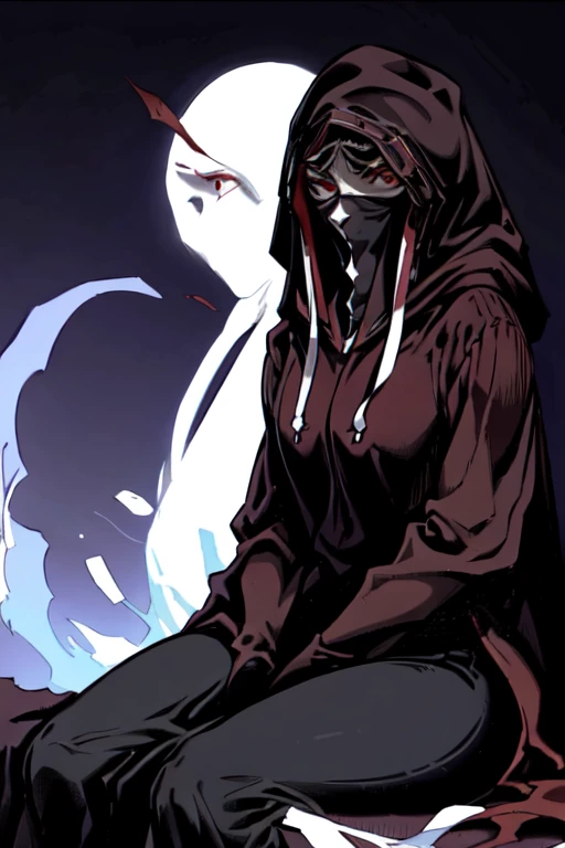 No name assassin, sad, mask, red eyes, cloak, robe, white gloves, long skirt, hood, cape, sitting