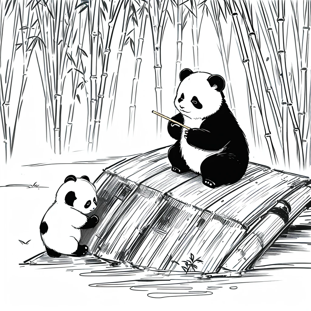 masterpiece, little panda sitting on the grass and eating a small stick of bamboo white background, monochrome, line drawing, ((sketch))