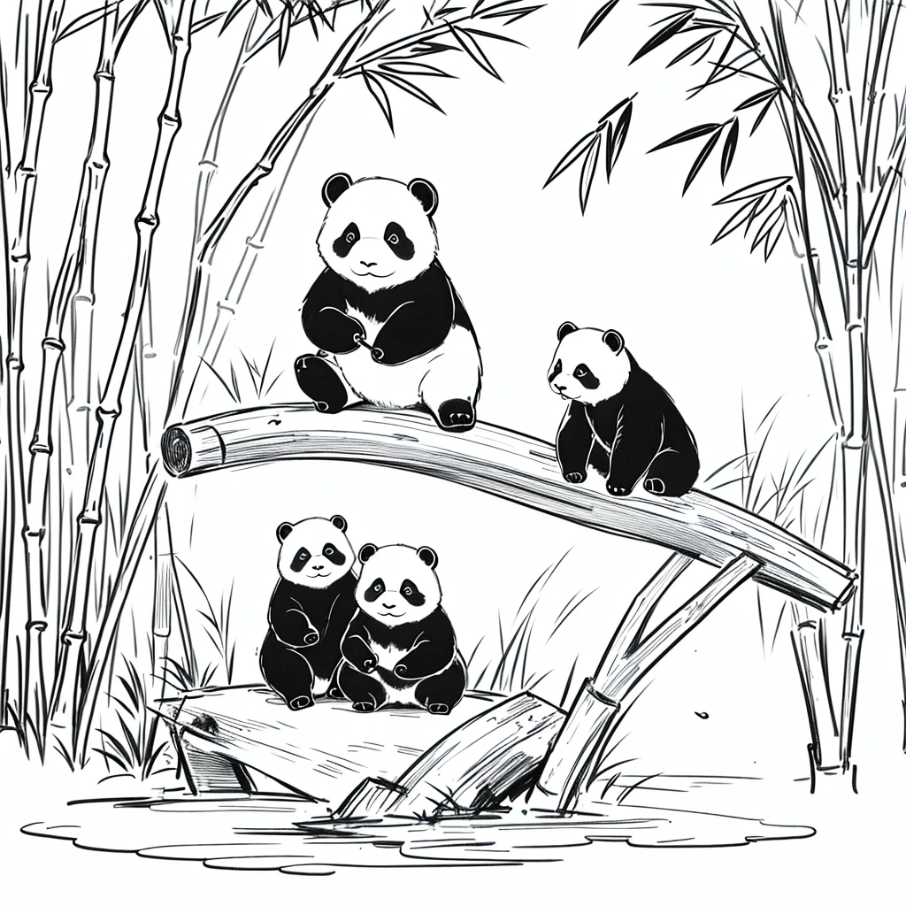 masterpiece, little panda sitting on the grass and eating a small stick of bamboo white background, monochrome, line drawing, ((sketch))