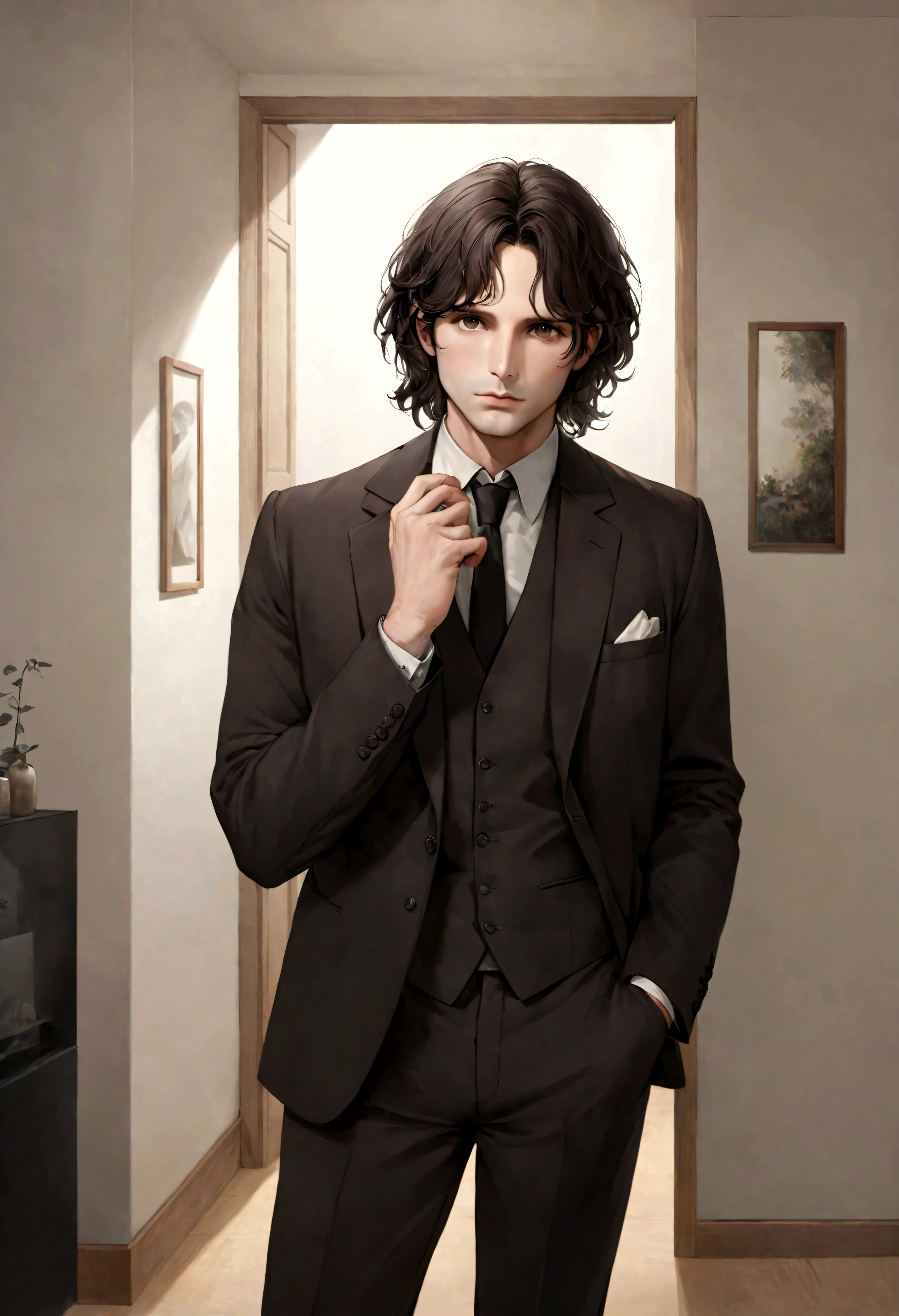 (traje de etiqueta para hombre), ), (con poca barba,) (ojos color cafe claro), Aspecto atractivo y serio, Dark brown hair, Elegante y con estilo, Un hombre similar al actor Jim Morrison, (Imagen realista y de alta calidad), Apartamento escandinavo en el fondo estilo estudio, ((La mejor calidad, 8K, obra maestra).((dynamic pose))