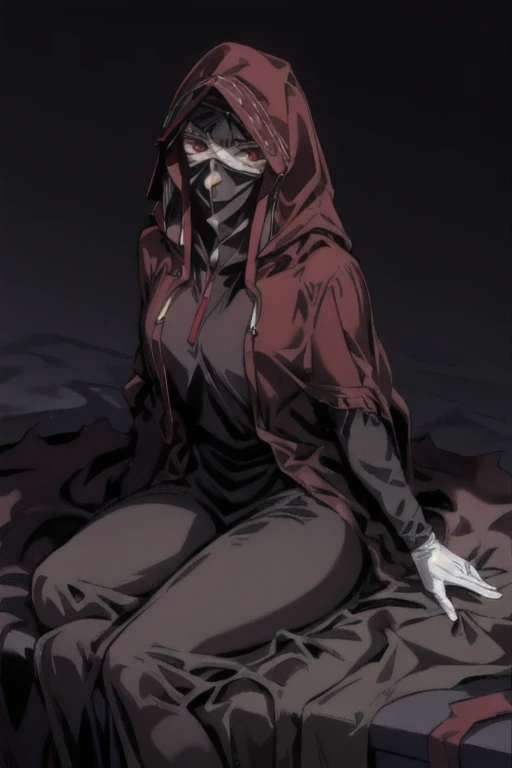 No name assassin, sad, mask, red eyes, cloak, robe, white gloves, long skirt, hood, cape, sitting