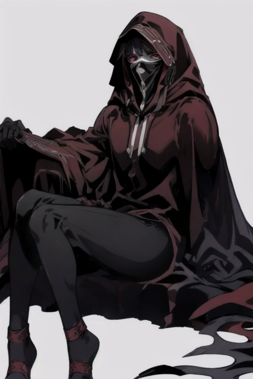 No name assassin, sad, mask, red eyes, cloak, robe, white gloves, long skirt, hood, cape, sitting 