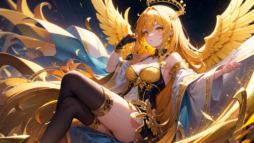 girl with yellow eyes and hair, bangs, gold crown, yellow royal clothes, golden wings, stockings, 8k resolution, sky, detail
