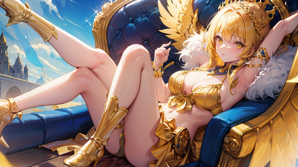 girl with yellow eyes and hair, bangs, gold crown, yellow royal clothes, golden wings, stockings, 8k resolution, sky, detail