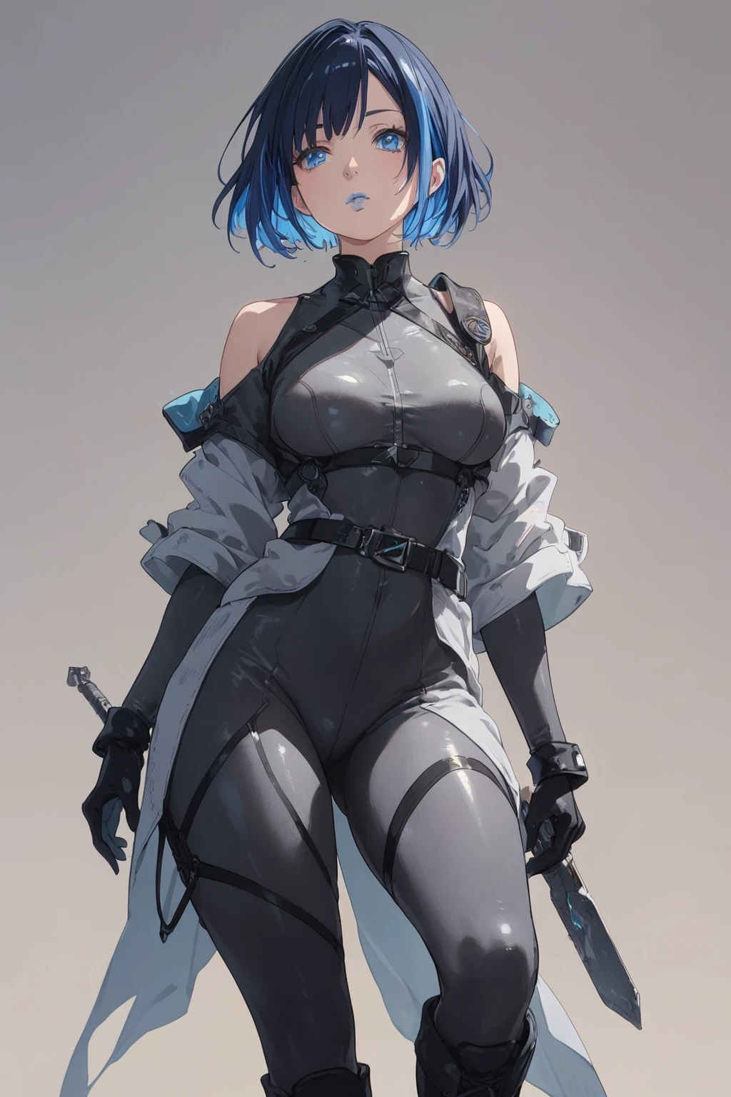 score_9, score_8_up, score_7_up, BREAK,
1girl, solo, simple background, ctl7t0rig, black gloves, black bodysuit, grey bodysuit, belt, black hair, blue hair, multicolored hair, short hair, two-tone hair, black knee boots, breasts, black pants, blue lips, blue eyes, shoulder cutout, (looking at viewer|looking to the side) medium breasts, blush, (standing|standing|sitting)