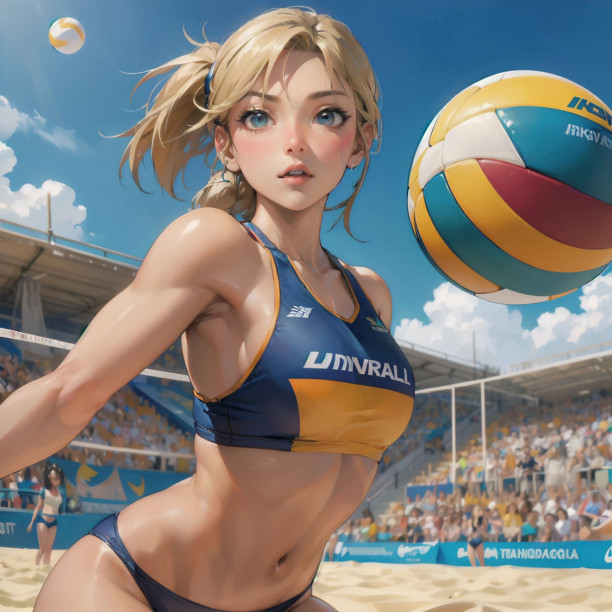  masterpiece, (textured skin), best quality, gorgeous beautiful girl, (a female beach volleyball athlete), detailed clothes,large breasts,narrow waist,, (beautiful face), cinematic lighting, (at beach volleyball venue),