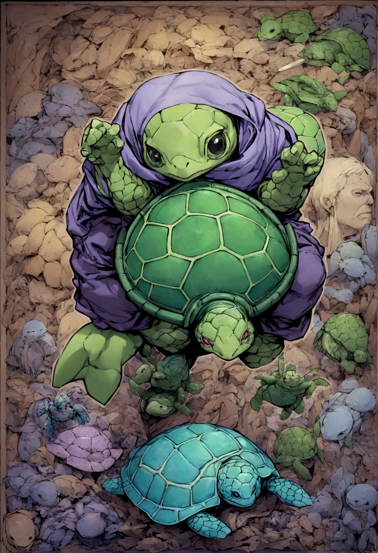 a drawing of a turtle with a sword and a purple shirt, anthropomorphic turtle humanoid, anthropomorphic turtle hero, anthropomorphic turtle, as an anthropomorphic turtle, turtle warrior, an anthropomorphic turtle, inspired by Gatōken Shunshi, donatello