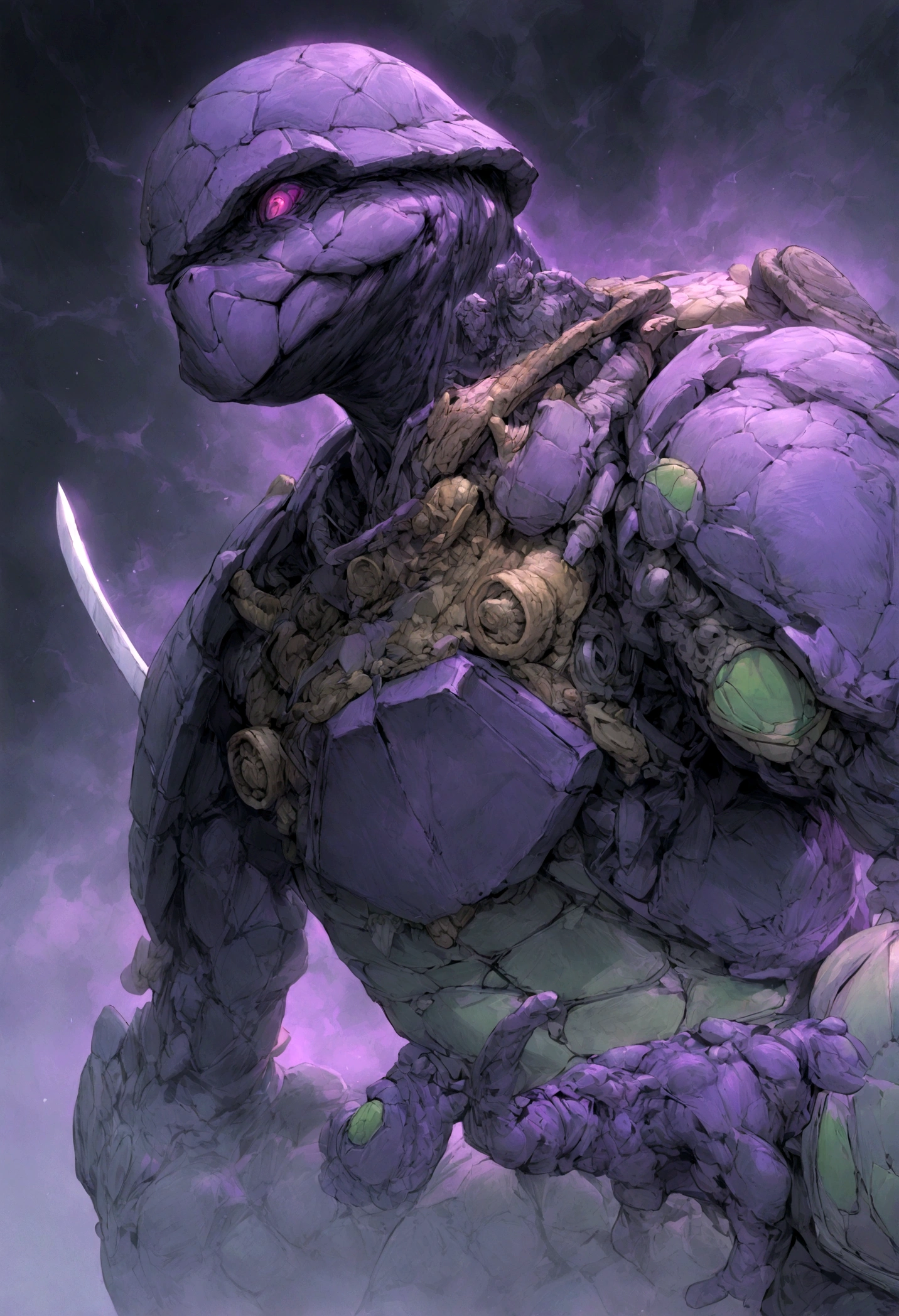 a drawing of a turtle with a sword and a purple shirt, anthropomorphic turtle humanoid, anthropomorphic turtle hero, anthropomorphic turtle, as an anthropomorphic turtle, turtle warrior, an anthropomorphic turtle, inspired by Gatōken Shunshi, donatello