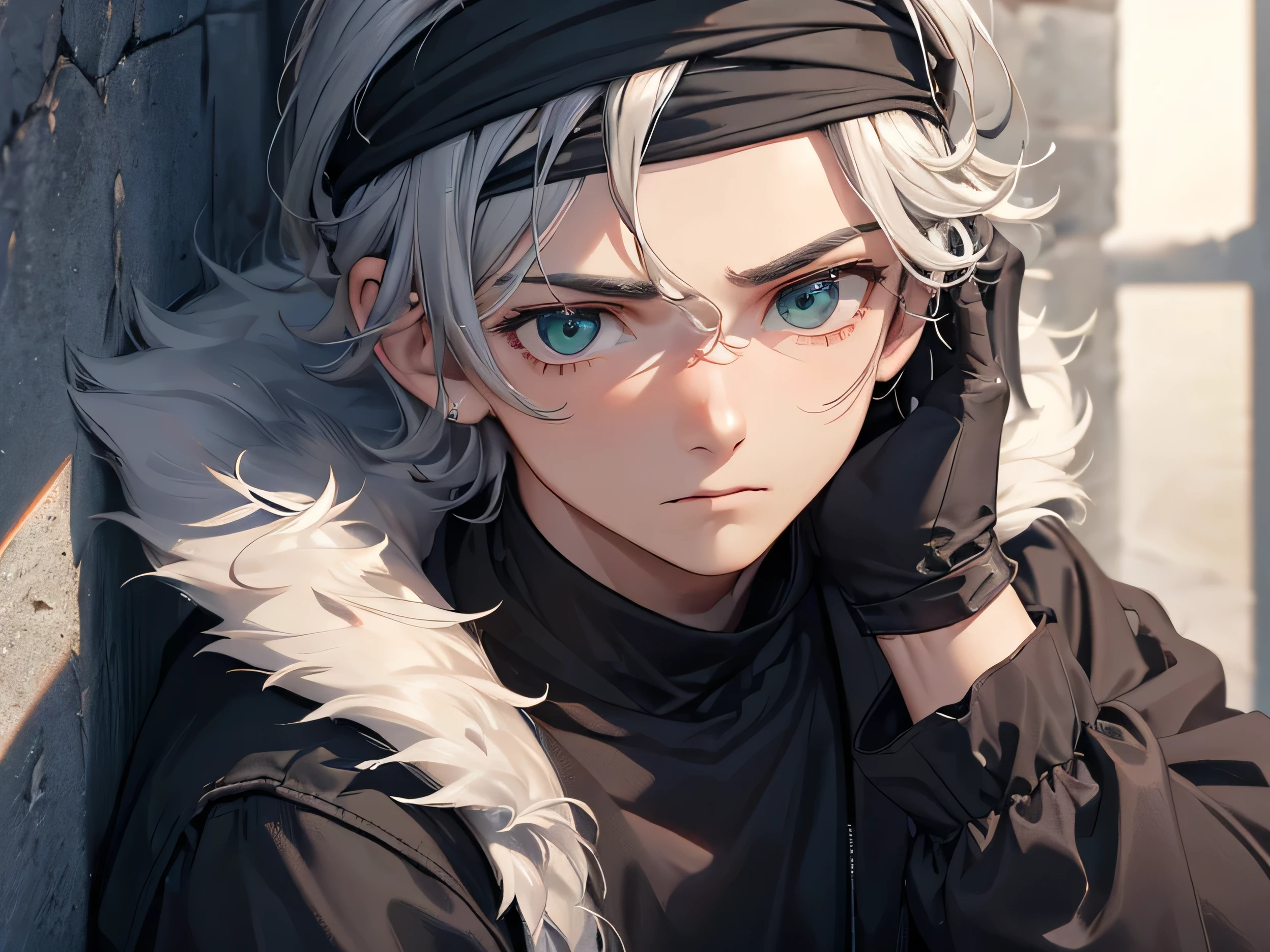 a detail close up person, ((8k)), ((face detailed)), ((bust up shot)), a gray-haired ((teenage boy)) brownish skin with serious expression ((wearing black headband)) sitting in the corner of the wall, looking at the point view but his green eyes are covered by his hair, sunlight shines in from the side darken the other side