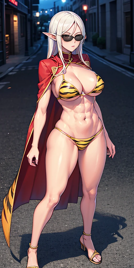 Full body, masterpiece, 1solofemale drow elf purple skin standing pose (yellow tiger bikini) red cape, red bikini, long white hair, strong body, abs, Ultra Quality, shiny skin, Atmospheric, 8K, Cinematic ((Street background)) BREAK, sunglasses