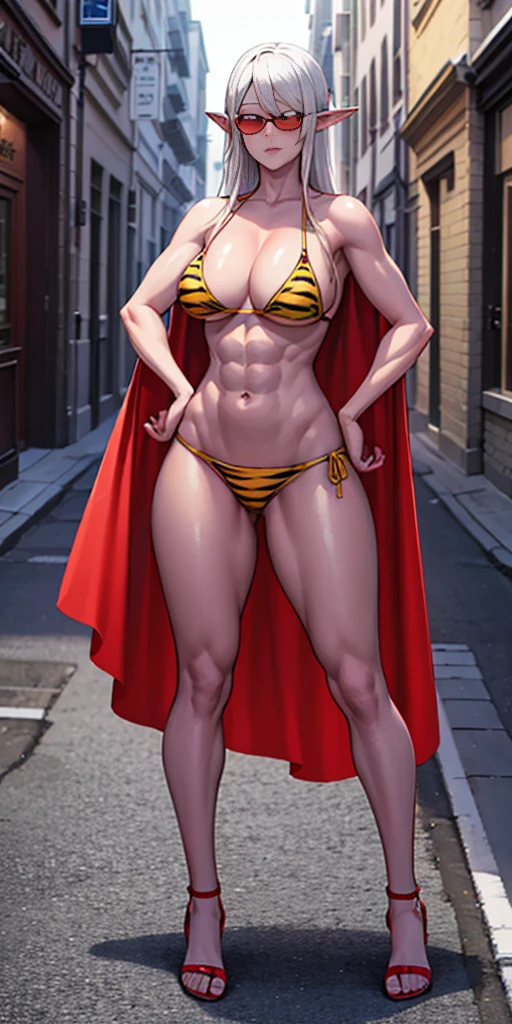 Full body, masterpiece, 1solofemale drow elf purple skin standing pose (yellow tiger bikini) red cape, red bikini, long white hair, strong body, abs, Ultra Quality, shiny skin, Atmospheric, 8K, Cinematic ((Street background)) BREAK, sunglasses