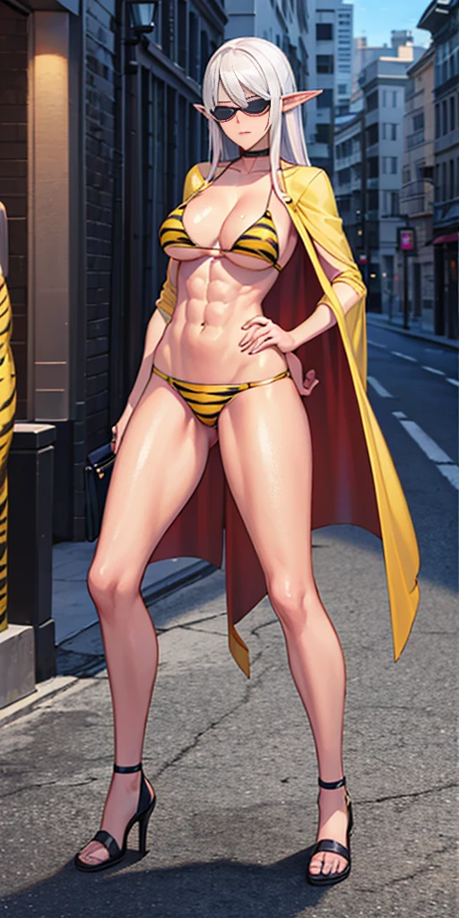 Full body, masterpiece, 1solofemale drow elf purple skin standing pose (yellow tiger bikini) red cape, red bikini, long white hair, strong body, abs, Ultra Quality, shiny skin, Atmospheric, 8K, Cinematic ((Street background)) BREAK, sunglasses