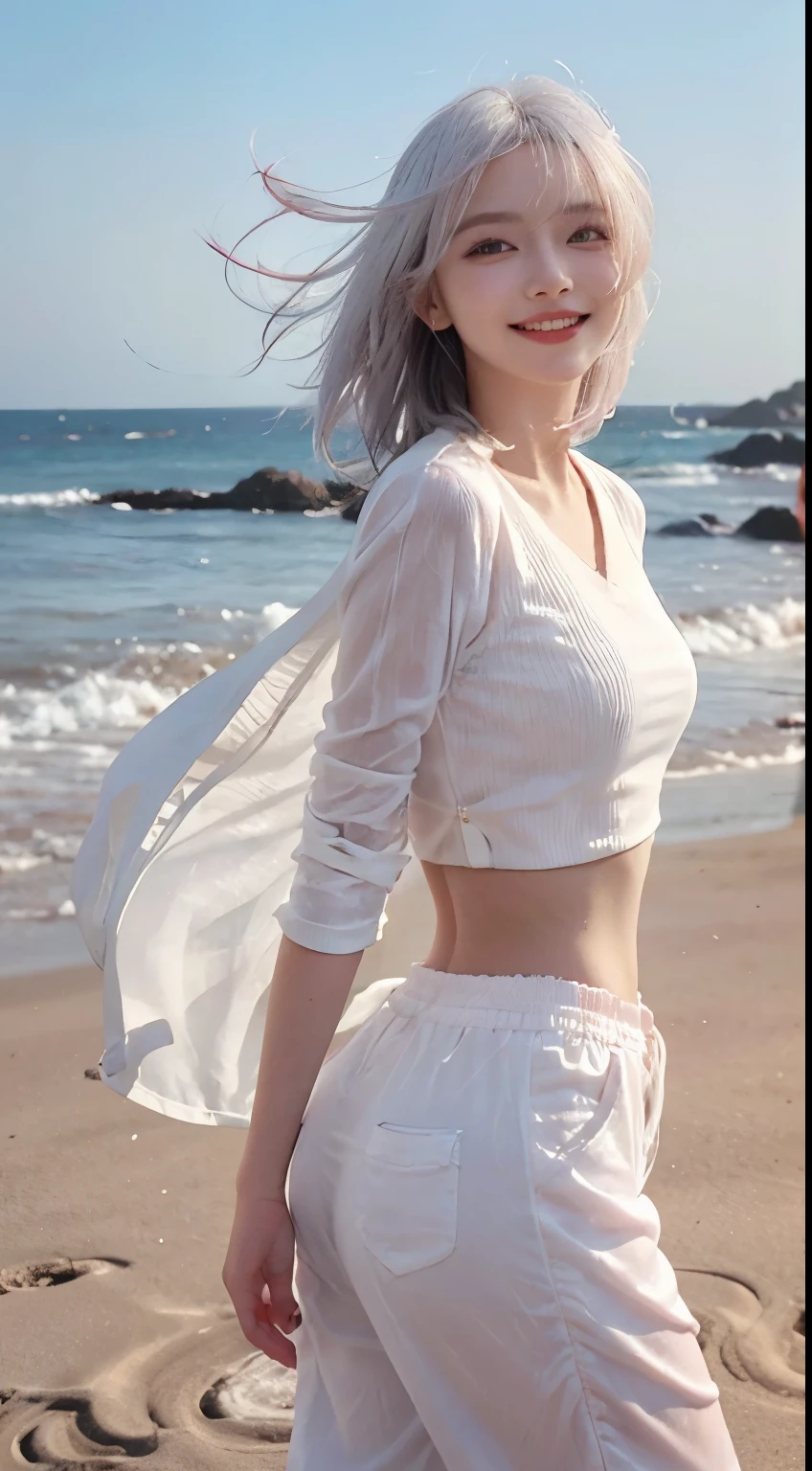 Best image quality、RAW Photos、超A high resolution、21 years old Korean、Small breasts、Dynamic Angle、Cowboy Shot、Chaos in its most beautiful form、elegant、Brutalist Design、Vibrant colors、Beautiful white hair、Short Bob、smile、fun、smile、Glowing White Skin、Beautiful eyes with random colors、Very thin lips、Beautiful eyes in every detail、 Narrow eyes、Cheeks are pale pink、Eyelash length、Beautiful double eyelids、eye shadow、Bright white hair、Crop top、Lightweight see-through jacket、Transparent top、Harem pants、Sandy Beach、Shooting from the rear、turn around、The wind is blowing、Hair fluttering、boost mood、Full body photo