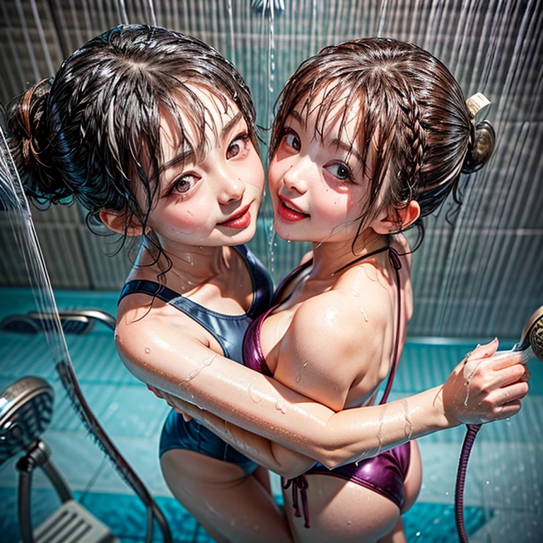 NSFW, (Snapshot of girls kissing face to face in an open shower room by the pool), Braid hair, With bangs, (School Swimwear), the body is covered with juice, White LiquidSoap, Sweating, be sweaty, Wet pearl skin, ((Wet swimsuit)), Perfect Lighting, Clear Focus, (bokeH:1.4), Roundly butts, { (Shower Water:1.6) | Gigantic Overflowing sideboob | Butt cruck | (from above:1.4) }, hidden hands BREAK (NOGIZAKA girls)  ((Extremely Detailed very KAWAII face variations)), perfect anatomy, Childish, captivating gaze, elaborate detailed Eyes with (sparkling highlights:1.2), long eyelashes、Glossy RED Lips with beautiful details, Coquettish tongue, Rosy cheeks . { (Dynamic joyful expressions) | (:d) }, (no large eyes) . (close-up:1.28)