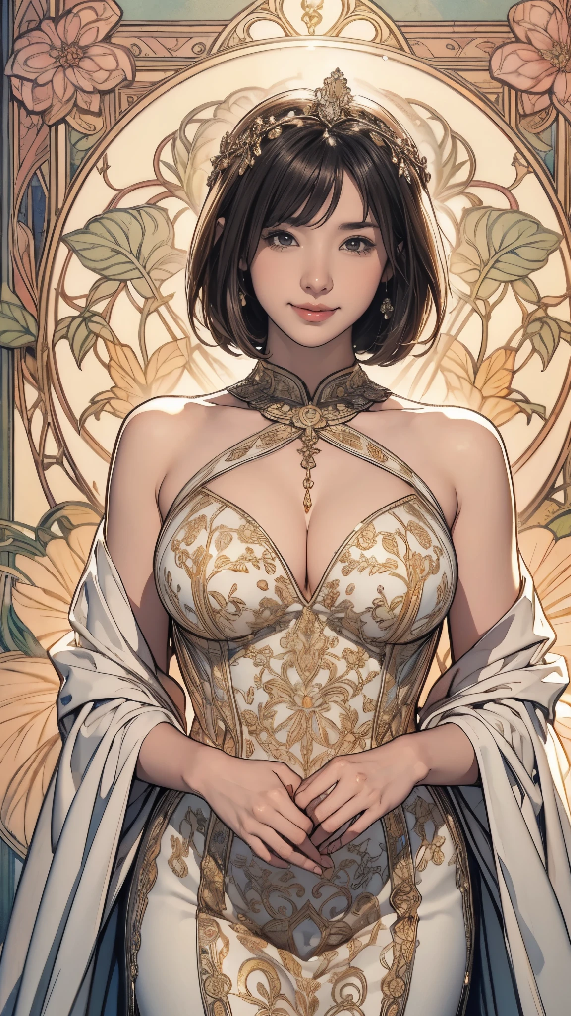 (masterpiece),(highest quality),(Very detailed),(High resolution),8k,wallpaper,soft-edged,1 girl,The goddess of sexuality is praying,Short Bob,Big Breasts,front,Looking at me,Sexy smile,Goddess Dress,Intricate Mucha-inspired designs and patterns